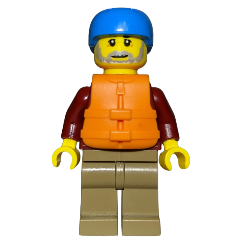 Homme, veste rouge foncé ouverte, jambes beige foncé, casque azur foncé, gilet de sauvetage orange, barbe (Man, Open Dark Red Jacket, Dark Tan Legs, Dark Azure Helmet, Orange Life Vest, Beard)