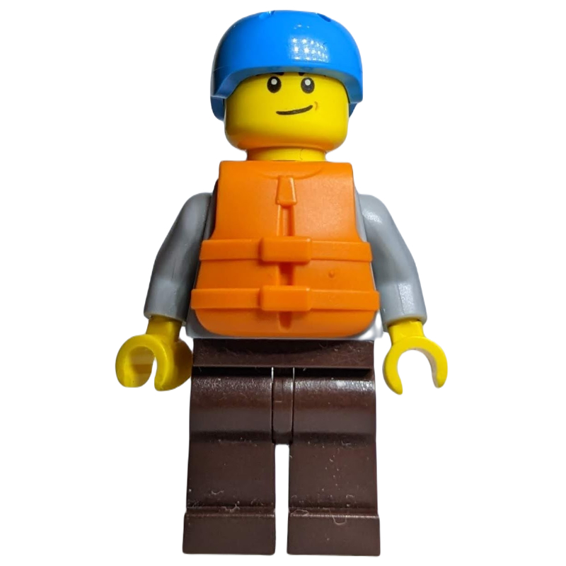 Homme, sweat à capuche gris bleuté clair sur chemise rouge foncé, jambes brun foncé, casque azur foncé, gilet de sauvetage orange (Man, Light Bluish Gray Hoodie over Dark Red Shirt, Dark Brown Legs, Dark Azure Helmet, Orange Life Vest)