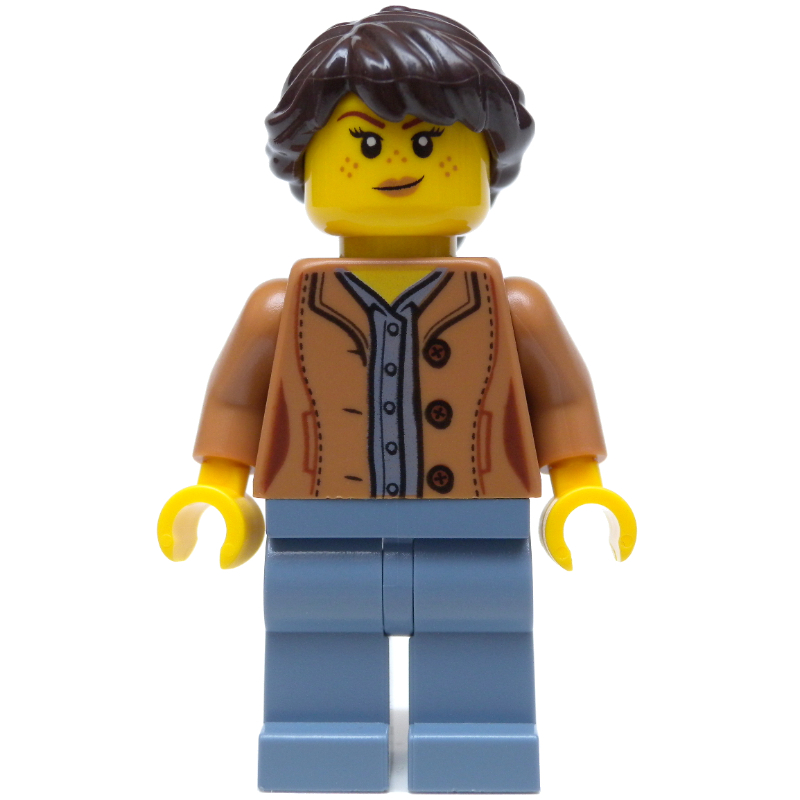 Femme, veste nougat moyen, jambes bleu sable, cheveux brun foncé (Woman, Medium Nougat Jacket, Sand Blue Legs, Dark Brown Hair)