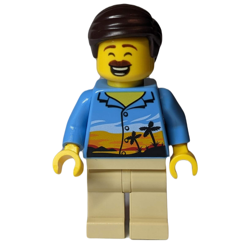 Homme, chemise bleu moyen avec palmiers et coucher de soleil, jambes beiges, cheveux brun foncé, moustache (Man, Medium Blue Shirt with Palm Trees and Sunset, Tan Legs, Dark Brown Hair, Moustache)