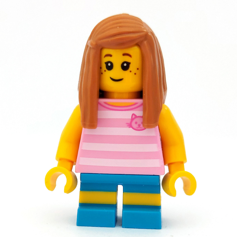 Fille, haut rayé rose vif avec tête de chat, short azur foncé, cheveux nougat moyen (Girl, Bright Pink Striped Top with Cat Head, Dark Azure Shorts, Medium Nougat Hair)