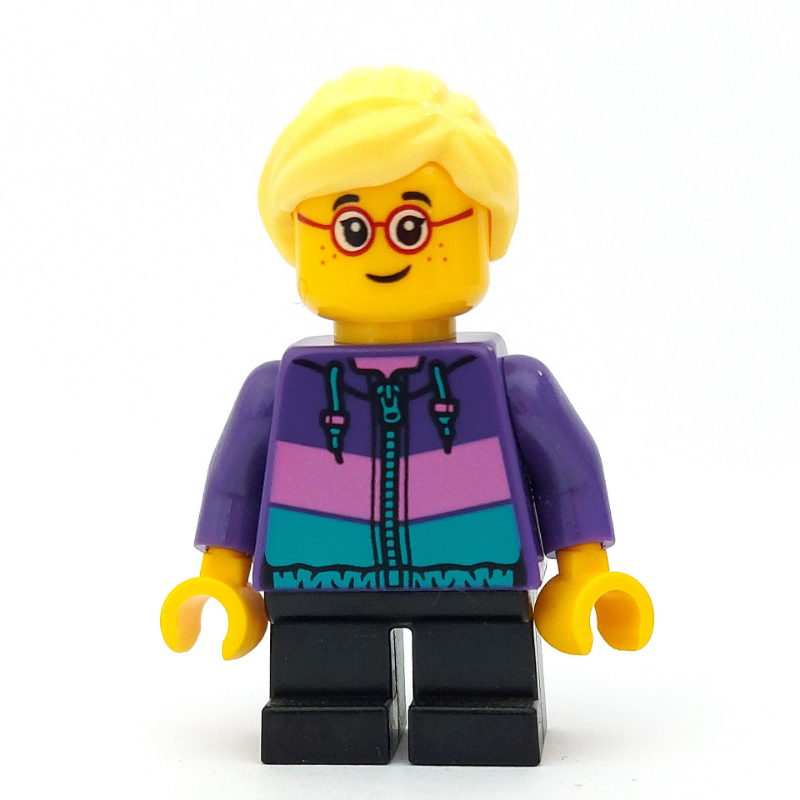 Fille, veste pourpre foncé, courtes jambes noires, cheveux jaune clair vif (Girl, Dark Purple Jacket, Short Black Legs, Bright Light Yellow Hair)