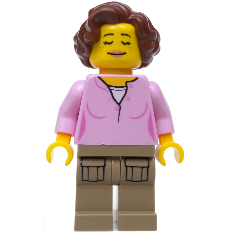 Femme, haut rose vif, jambes beige foncé, cheveux brun rougeâtre (Woman, Bright Pink Top, Dark Tan Legs, Reddish Brown Hair)