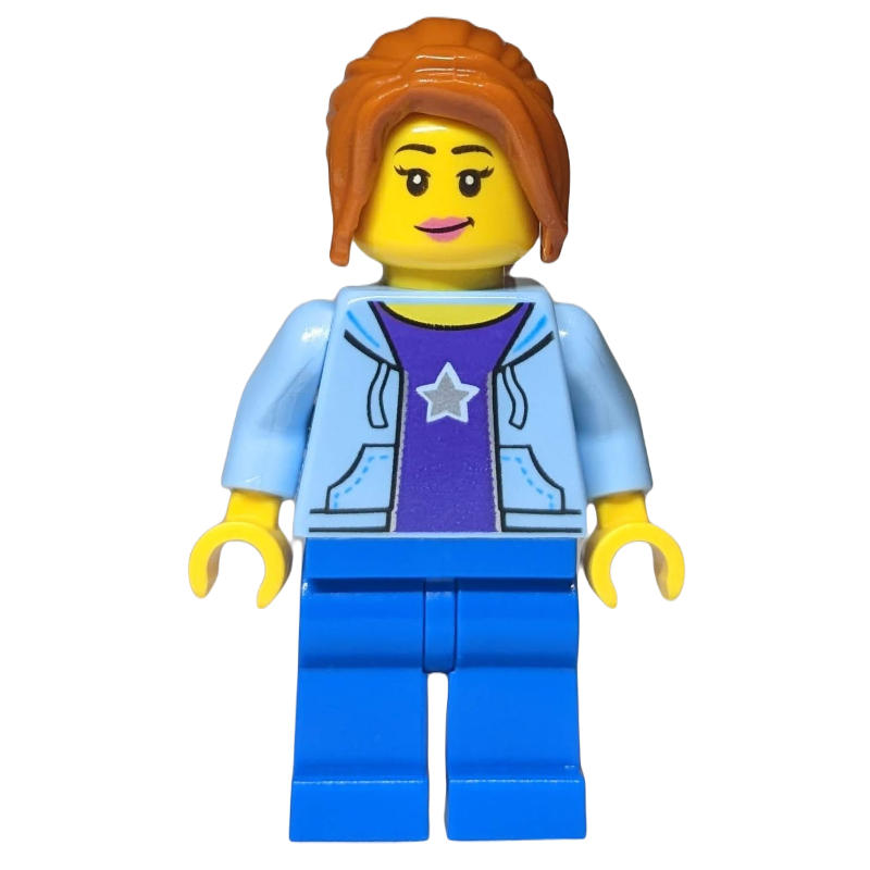 Femme, ouvert sweat à capuche bleu clair sur la chemise violet foncé avec étoile, jambes bleues, cheveux orange foncé (Woman, Open Bright Light Blue Hoodie over Dark Purple Shirt with Star, Blue Legs, Dark Orange Hair)