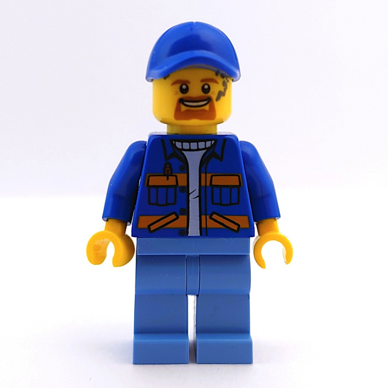 Ouvrier, veste bleue avec rayures orange, jambes bleu moyen, casquette bleue, bouc (Worker, Blue Jacket with Orange Stripes, Medium Blue Legs, Blue Cap, Goatee Beard)