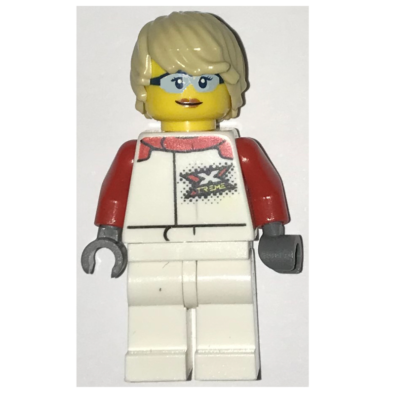 Pilote de course, femme, combinaison blanche et rouge, cheveux beiges, lunettes de sécurité (Racer, Woman, White and Red Jumpsuit, Tan Hair, Safety Glasses)