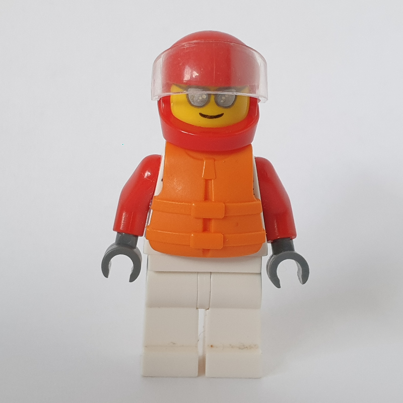 Pilote de course, combinaison blanche et rouge, casque rouge avec visière, lunettes de soleil (Racer, White and Red Jumpsuit, Red Helmet with Visor, Sunglasses)