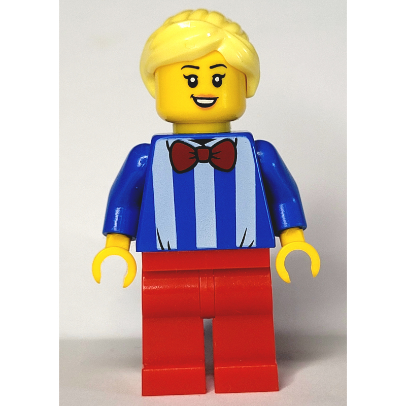 Femme, chemise à rayures bleues et blanches avec noeud papillon rouge, jambes rouges, cheveux jaune clair vif (Woman, Blue and White Stripe Shirt with Red Bow Tie, Red Legs, Bright Light Yellow Hair)