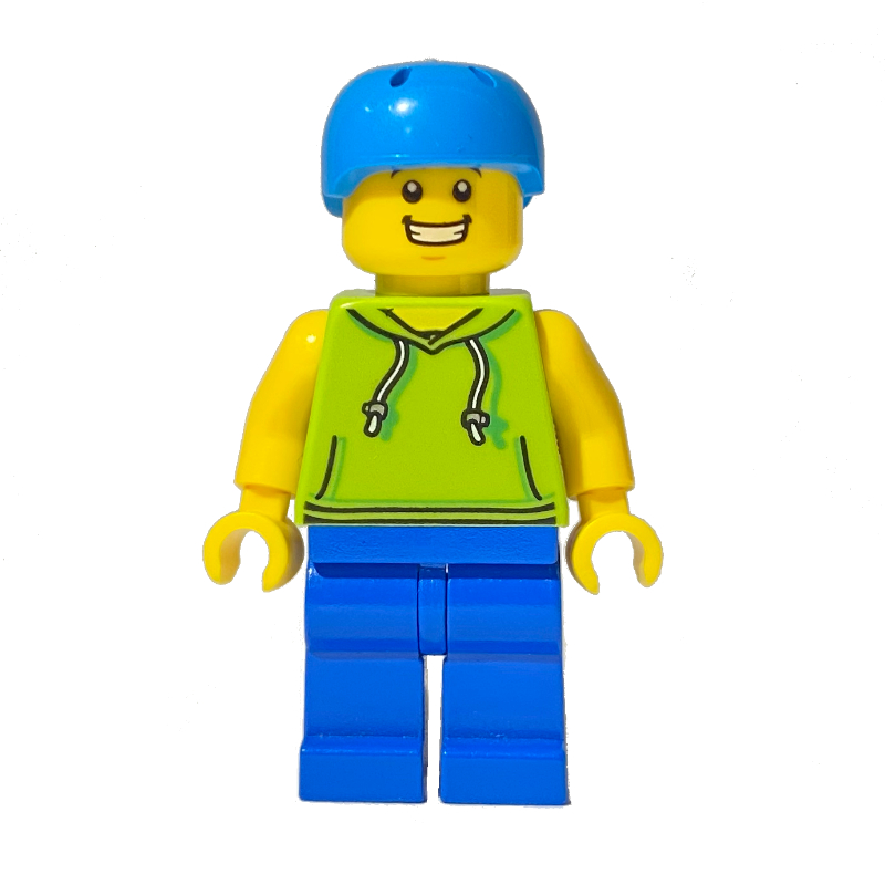 Homme, sweat à capuche vert citron, jambes bleues, casque azur foncé (Man, Lime Hoodie, Blue Legs, Dark Azure Helmet)