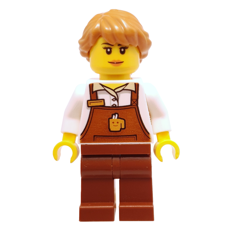 Barista, femme, torse blanc, tablier brun rougeâtre, cheveux nougat moyen (Barista, Woman, White Torso, Reddish Brown Apron, Medium Nougat Hair)