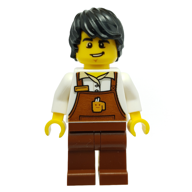 Barista, homme, torse blanc, tablier brun rougeâtre, cheveux noirs (Barista, Man, White Torso, Reddish Brown Apron, Black Hair)