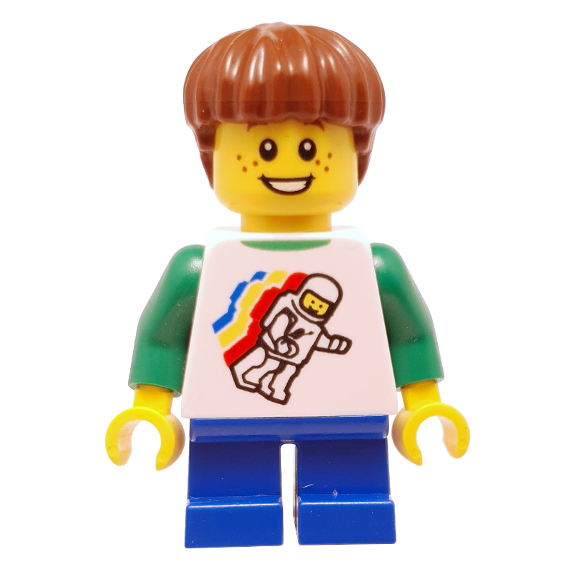 Garçon, flottant homme de l'espace classique sur la chemise, courtes jambes bleues, cheveux brun rougeâtre (Boy, Floating Classic Spaceman on Shirt, Short Blue Legs, Reddish Brown Hair)