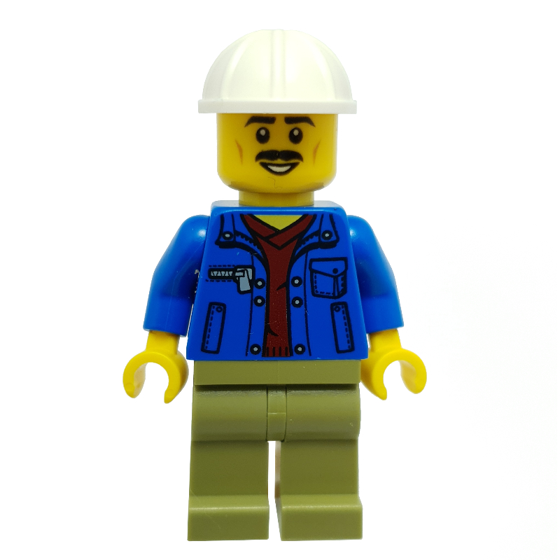 Ouvrier de chantier, veste bleue, jambes vert olive, casque de chantier blanc, moustache (Construction Worker, Blue Jacket, Olive Green Legs, White Hard Hat, Moustache)