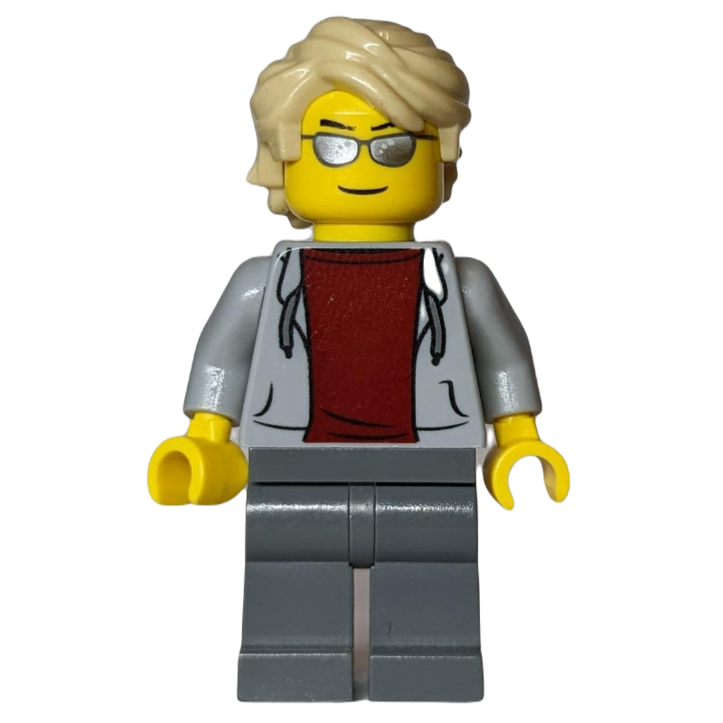 Homme, sweat à capuche gris bleuté clair sur chemise rouge foncé, jambes gris bleuté foncé, cheveux beiges, lunettes de soleil argentées (Man, Light Bluish Gray Hoodie over Dark Red Shirt, Dark Bluish Gray Legs, Tan Hair, Silver Sunglasses)