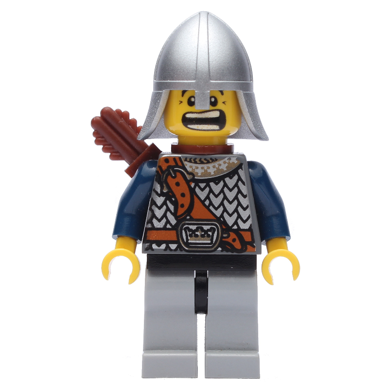 Chevalier, archer avec casque métallique argenté, jambes gris bleuté clair et carquois (Knight, Archer with Metallic Silver Helmet, Light Bluish Grey Legs, and Quiver)