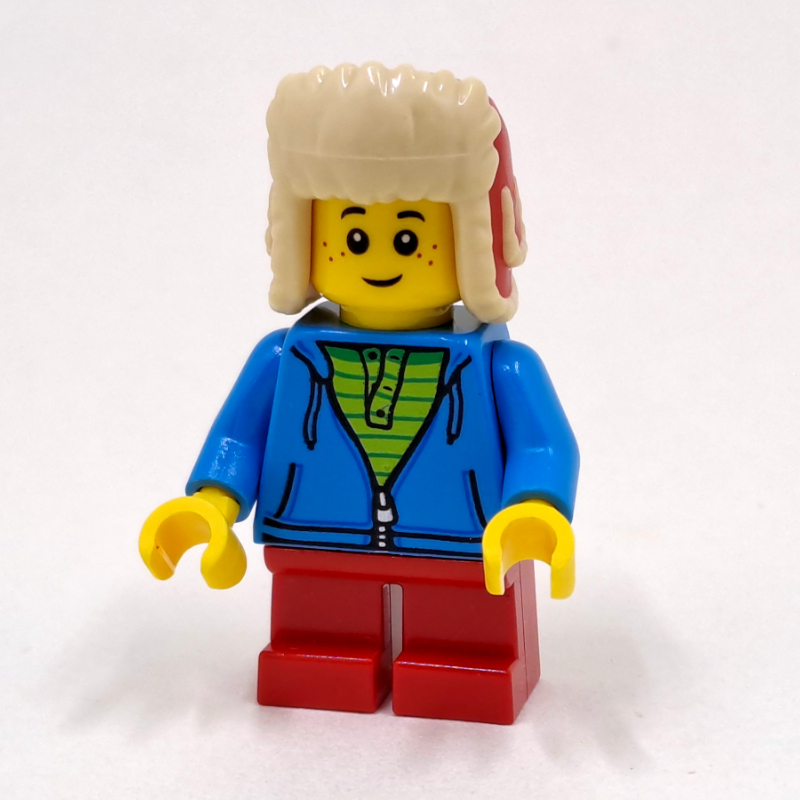 Garçon, ouvert sweat à capuche bleu azur avec fermeture éclair, courtes jambes rouges, chapeau ushanka rouge (Boy, Open Dark Azure Hoodie with Zipper, Short Red Legs, Red Ushanka Hat)