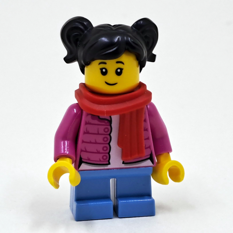 Fille, veste rose foncé ouverte, courtes jambes bleues moyennes, écharpe rouge, cheveux noirs (Girl, Open Dark Pink Jacket, Short Medium Blue Legs, Red Scarf, Black Hair)