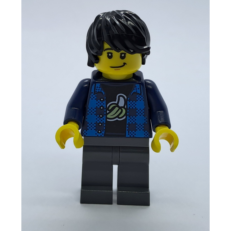 Homme, ouvert chemise en flanelle bleu foncé sur le dessus avec banane, jambes gris bleuté foncé, cheveux noirs (Man, Open Dark Blue Flannel Shirt over Top with Banana, Dark Bluish Gray Legs, Black Hair)