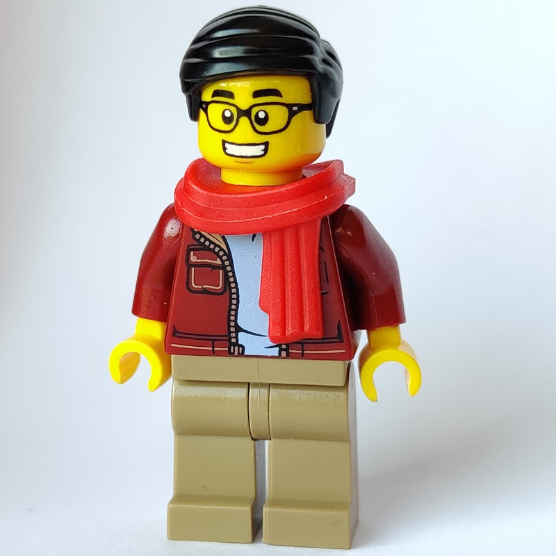 Homme, veste rouge foncé ouverte, jambes beige foncé, écharpe rouge, cheveux noirs, lunettes (Man, Open Dark Red Jacket, Dark Tan Legs, Red Scarf, Black Hair, Glasses)