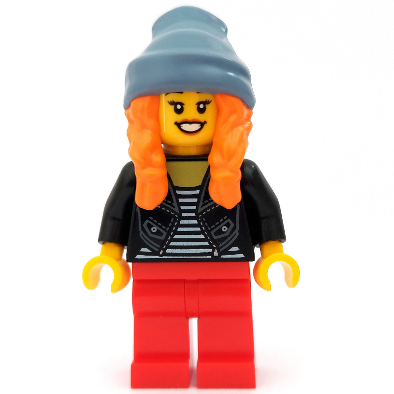 Femme, veste noire ouverte sur haut rayé noir et blanc, jambes rouges, bonnet bleu sable avec cheveux (Woman, Open Black Jacket over Black and White Striped Top, Red Legs, Sand Blue Beanie Hat with Hair)