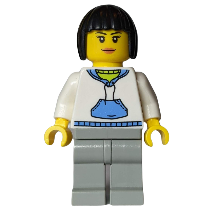 Femme, sweat à capuche blanc et bleu, jambes gris bleuté clair, cheveux noirs (Woman, White and Blue Hoodie, Light Bluish Gray Legs, Black Hair)