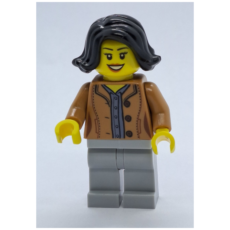 Femme, veste nougat moyen, jambes gris bleuté clair, cheveux noirs (Woman, Medium Nougat Jacket, Light Bluish Gray Legs, Black Hair)