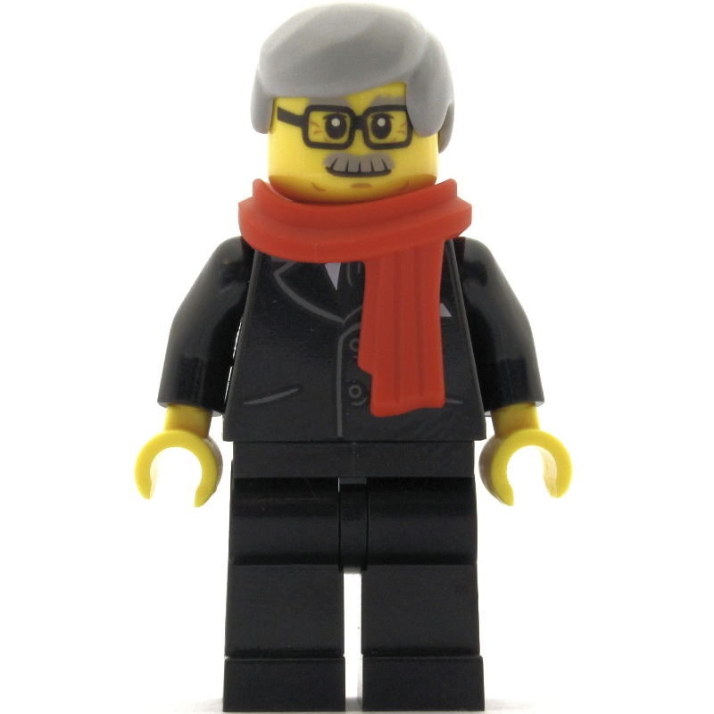 Homme, tenue noire avec cravate, écharpe rouge, cheveux gris bleuté clair, moustache et lunettes (Man, Black Suit with Tie, Red Scarf, Light Bluish Gray Hair, Moustache and Glasses)