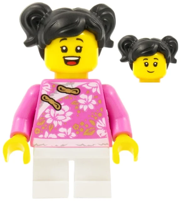 Fille, robe rose foncé, courtes jambes blanches, cheveux noirs (Girl, Dark Pink Robe, Short White Legs, Black Hair)