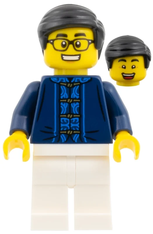 Homme, robe bleu foncé avec cravates, jambes blanches, cheveux noirs, lunettes (Man, Dark Blue Robe with Ties, White Legs, Black Hair, Glasses)