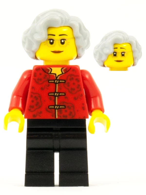 Femme, robe rouge avec cravates, jambes noires, cheveux gris bleuté clair, lunettes (Woman, Red Robe with Ties, Black Legs, Light Bluish Gray Hair, Glasses)