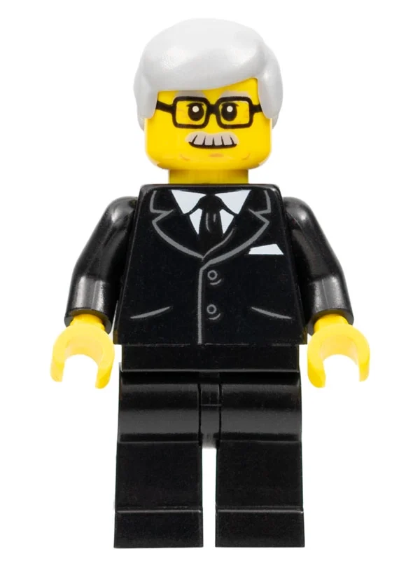 Homme, tenue noire et cravate, cheveux gris bleuté clair, moustache et lunettes (Man, Black Suit and Tie, Light Bluish Gray Hair, Moustache and Glasses)