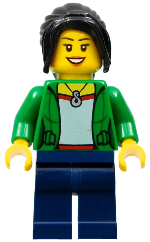 Femme, veste verte ouverte avec collier, cheveux noirs (Woman, Open Green Jacket with Necklace, Black Hair)