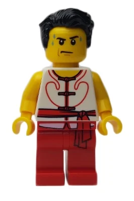 Racer, robe blanche et rouge avec cravates et ceinture à ceinture, cheveux noirs, gouttes de sueur (Racer, White and Red Robe with Ties and Sash Belt, Black Hair, Sweat Drops)