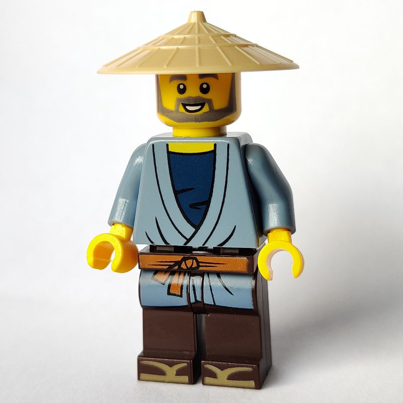 Homme, robe bleu sable, chapeau conique beige, barbe (Man, Sand Blue Robe, Tan Conical Hat, Beard)