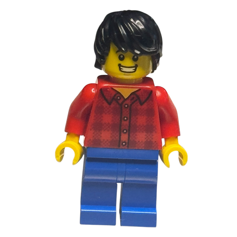 Homme, chemise en flanelle rouge, jambes bleues, cheveux noirs, dents serrées sourire (Man, Red Flannel Shirt, Blue Legs, Black Hair, Clenched Teeth Smile)