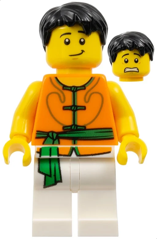 Pilote de course, robe blanche et orange avec cravates et ceinture à ceinture, cheveux noirs, léger sourire (Racer, White and Orange Robe with Ties and Sash Belt, Black Hair, Slight Smile)