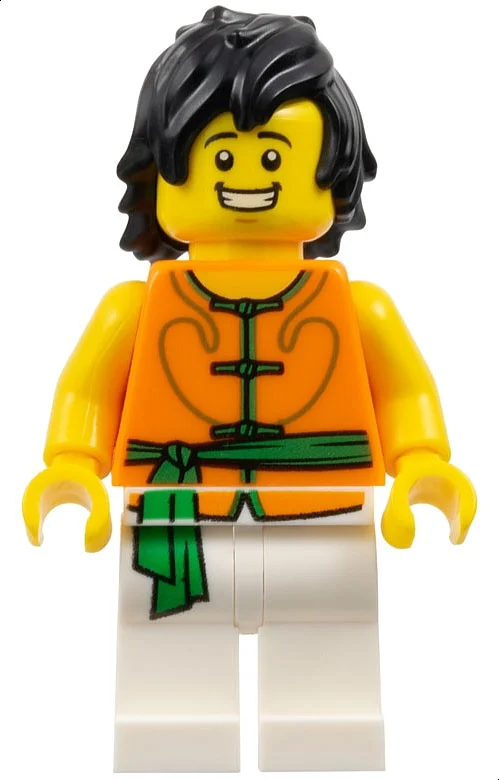 Pilote de course, robe blanche et orange avec cravates et ceinture ceinture, cheveux noirs, dents serrées sourire (Racer, White and Orange Robe with Ties and Sash Belt, Black Hair, Clenched Teeth Smile)
