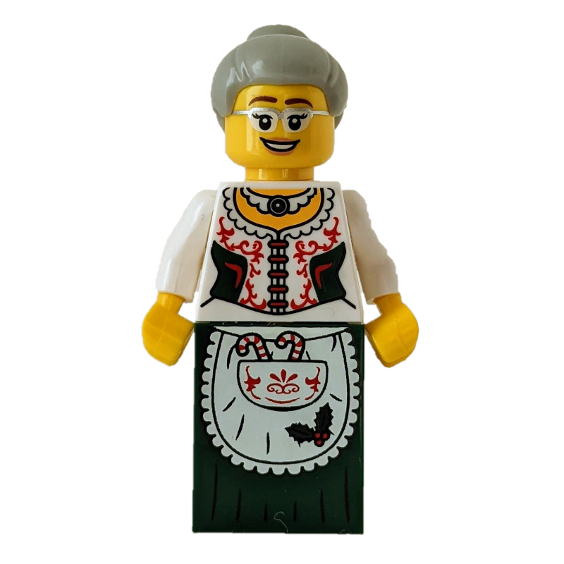Mrs. claus, corset blanc avec des côtés rouges, tablier avec des cannes de bonbons, robe vert foncé (Mrs. Claus, White Corset with Red Sides, Apron with Candy Canes, Dark Green Dress)