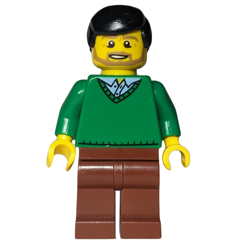Homme, chandail vert à col en V, jambes brun rougeâtre, cheveux noirs, barbe (Man, Green V-Neck Sweater, Reddish Brown Legs, Black Hair, Beard)