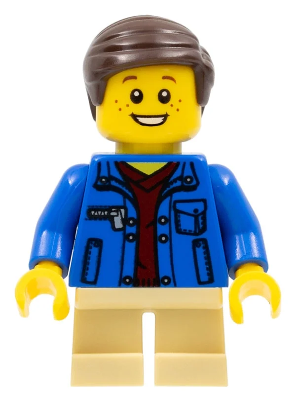 Garçon, veste bleue ouverte, courtes jambes beige, cheveux brun foncé (Boy, Open Blue Jacket, Short Tan Legs, Dark Brown Hair)