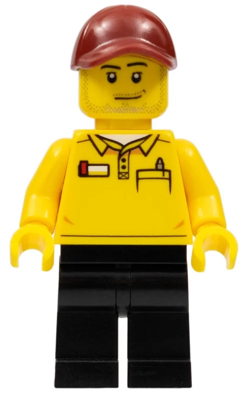 Employé du magasin LEGO, logo LEGO au dos, casquette rouge foncé, barbe naissante (LEGO Store Employee, LEGO Logo on Back, Dark Red Cap, Stubble)