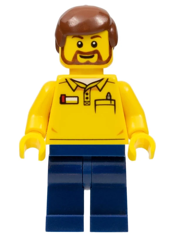 Employé du magasin LEGO, logo LEGO au dos, cheveux bruns rougeâtres, barbe (LEGO Store Employee, LEGO Logo on Back, Reddish Brown Hair, Beard)