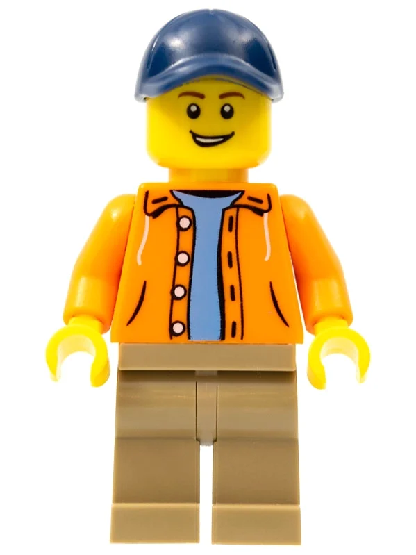 Homme, veste orange ouverte sur chemise bleu clair, casquette bleu foncé (Man, Open Orange Jacket over Light Blue Shirt, Dark Blue Cap)