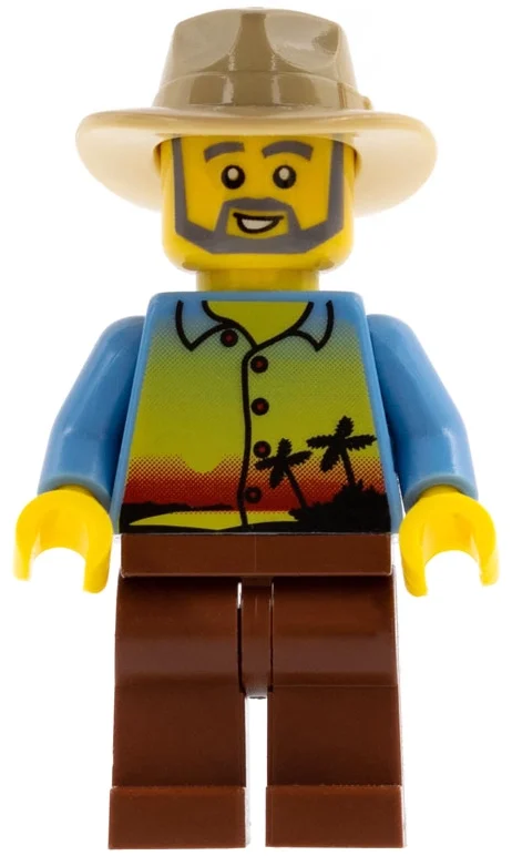 Homme, chemise bleu moyen avec palmiers et coucher de soleil, fedora beige, barbe (Man, Medium Blue Shirt with Palm Trees and Sunset, Tan Fedora, Beard)