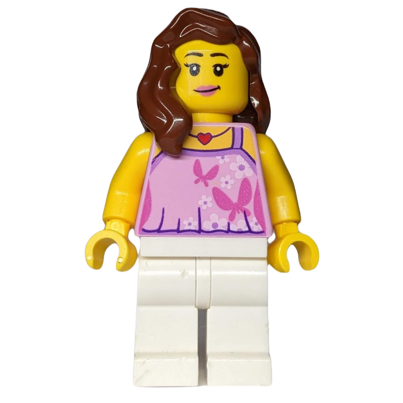 Femme, licol rose vif avec des papillons, jambes blanches, cheveux brun rougeâtre (Woman, Bright Pink Halter Top with Butterflies, White Legs, Reddish Brown Hair)
