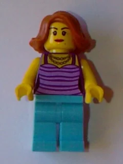 Femme, haut rayé violet foncé et lavande, jambes azur moyen, cheveux orange foncé (Woman, Dark Purple and Lavender Striped Top, Medium Azure Legs, Dark Orange Hair)