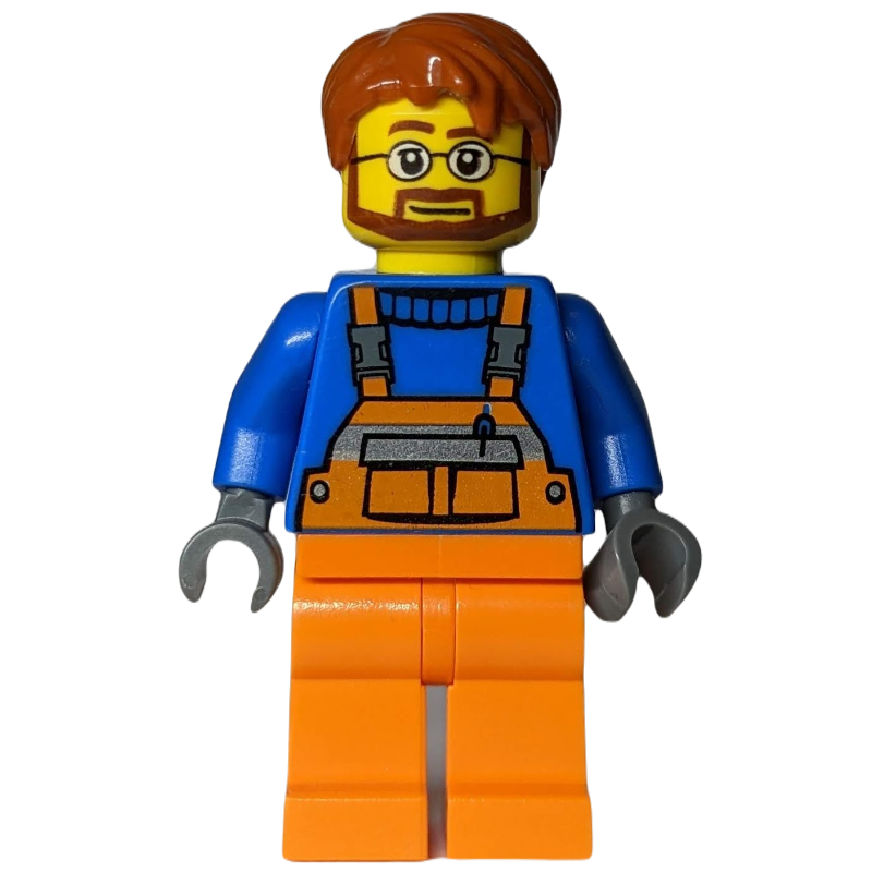 Équipe au sol, salopette orange sur pull bleu, cheveux orange foncé, barbe et lunettes (Ground Crew, Orange Overalls over Blue Sweater, Dark Orange Hair, Beard and Glasses)