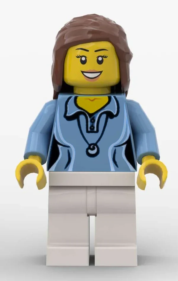 Femme, polo bleu moyen avec collier, jambes blanches, cheveux brun rougeâtre (Woman, Medium Blue Polo Shirt with Necklace, White Legs, Reddish Brown Hair)