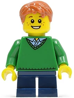Garçon, chandail vert à col en V, courtes jambes bleu foncé, cheveux orange foncé (Boy, Green V-Neck Sweater, Short Dark Blue Legs, Dark Orange Hair)
