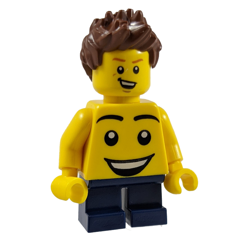 Enfant - torse jaune, jambes bleu foncé, cheveux brun rougeâtre (Kid - Yellow Torso, Dark Blue Legs, Reddish Brown Hair)